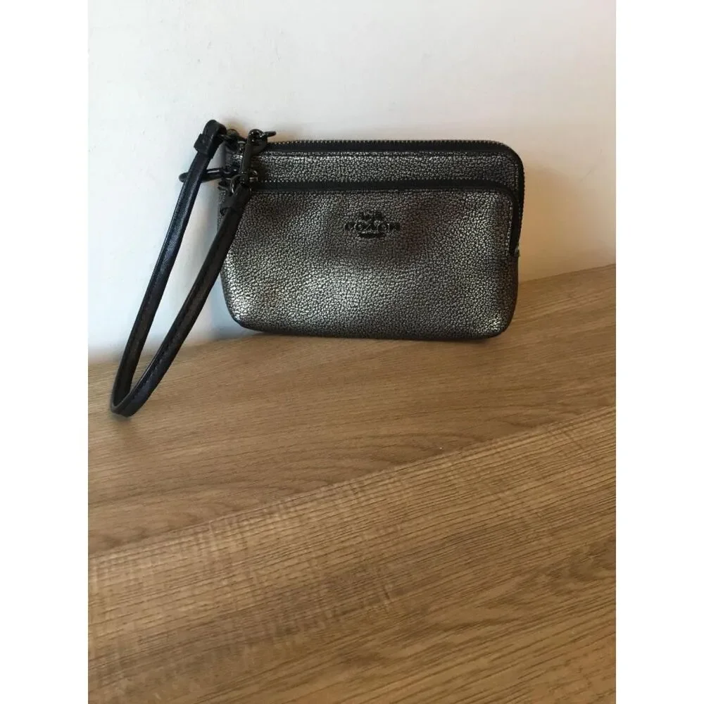 Coach Metallic Black & Gold Pebbled Leather Double Corner Zip Wristlet